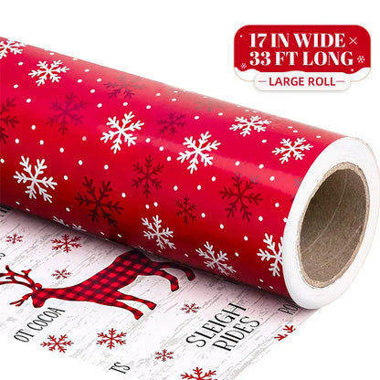 Reversible Christmas Wrapping Paper Roll with Snowflake & Reindeer Patterns