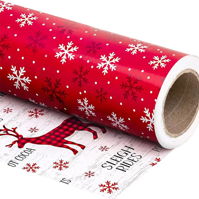 Reversible Christmas Wrapping Paper Roll with Snowflake & Reindeer Patterns