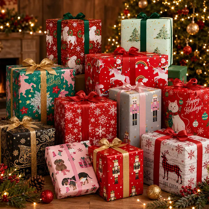 Reversible Christmas Wrapping Paper Roll with Snowflake & Reindeer Patterns